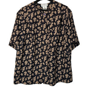 Black Tan Floral Blouse Short Sleeve Top Vintage Retro Rena Rowan 18W Plus Size